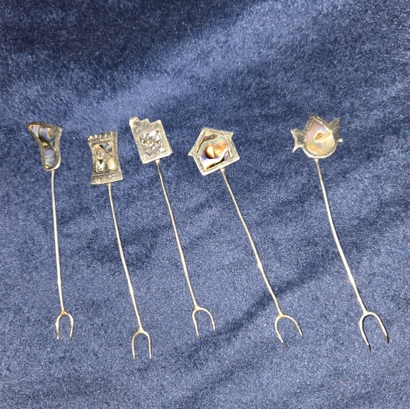 VINTAGE Alpaca Mexico Abalone Appetizer Cocktail Forks Set Of 11 - Picture 2 of 6